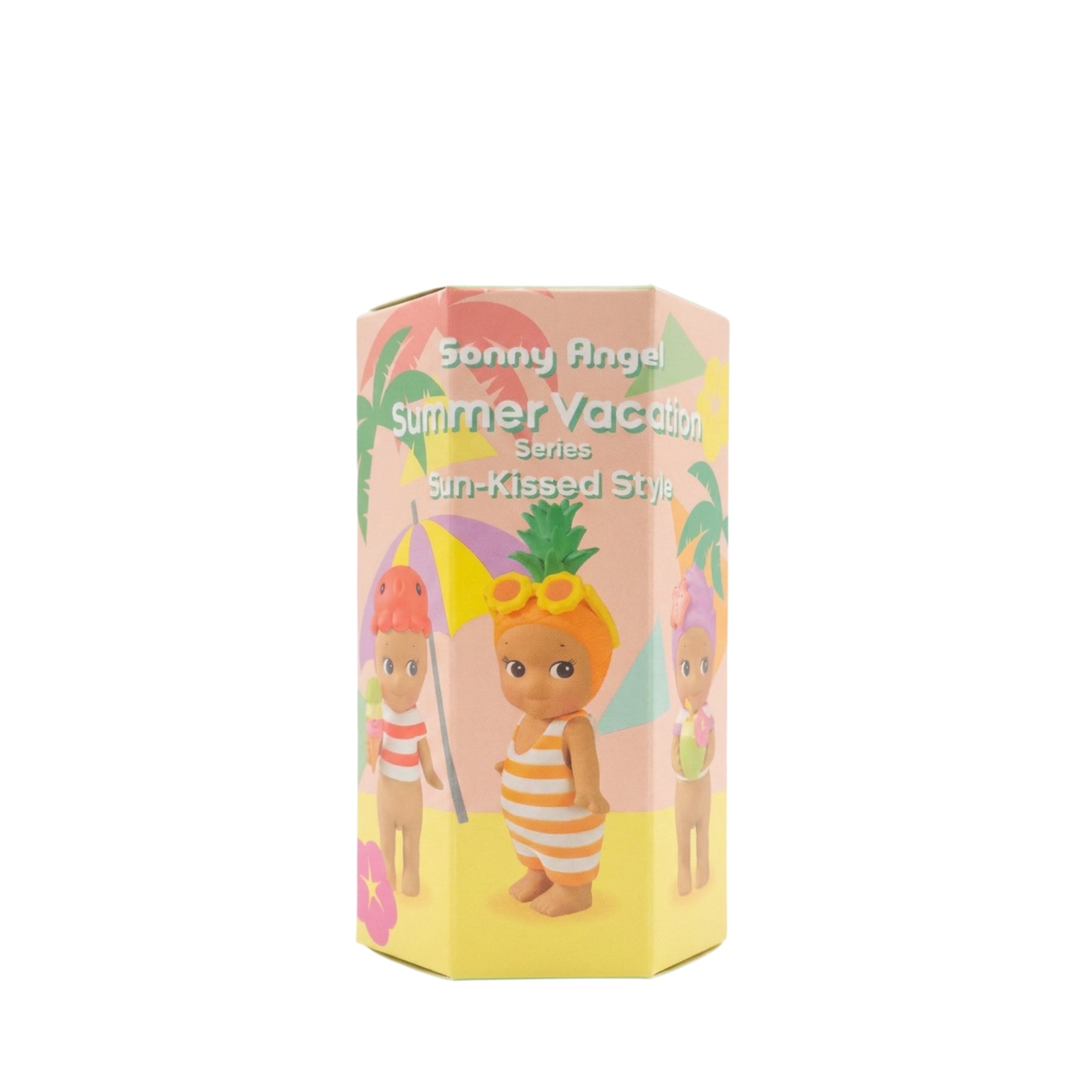 A boxed product labeled 'Sonny Angel Summer Vacation Series Sim-Kissed Style' with a pastel tropical beach illustration featuring a central cartoon figure and beach-themed graphics on a white background.