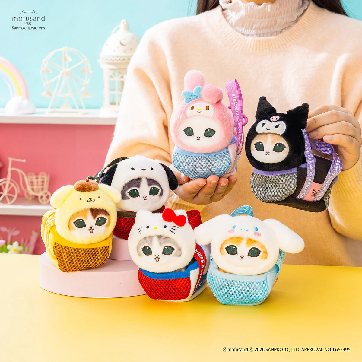mofusand-x-sanrio-characters-outing-cat-in-bag-mascot-holder-keychain-hello-kitty-