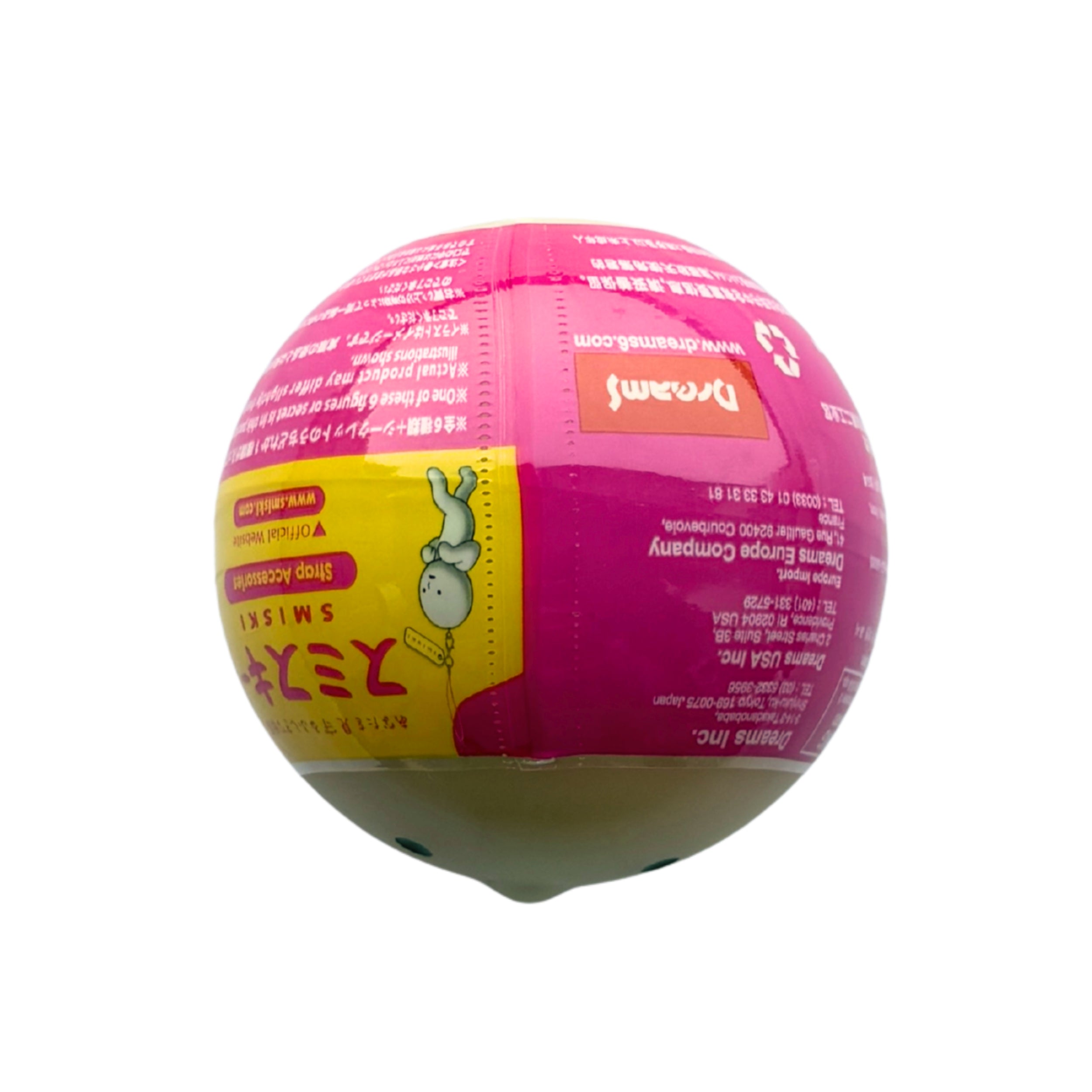 A spherical Smiski novelty ball with a bright pink and yellow wrap-around design, featuring the Dreamcatcher logo and a cartoon hanging flower, isolated on a white background.