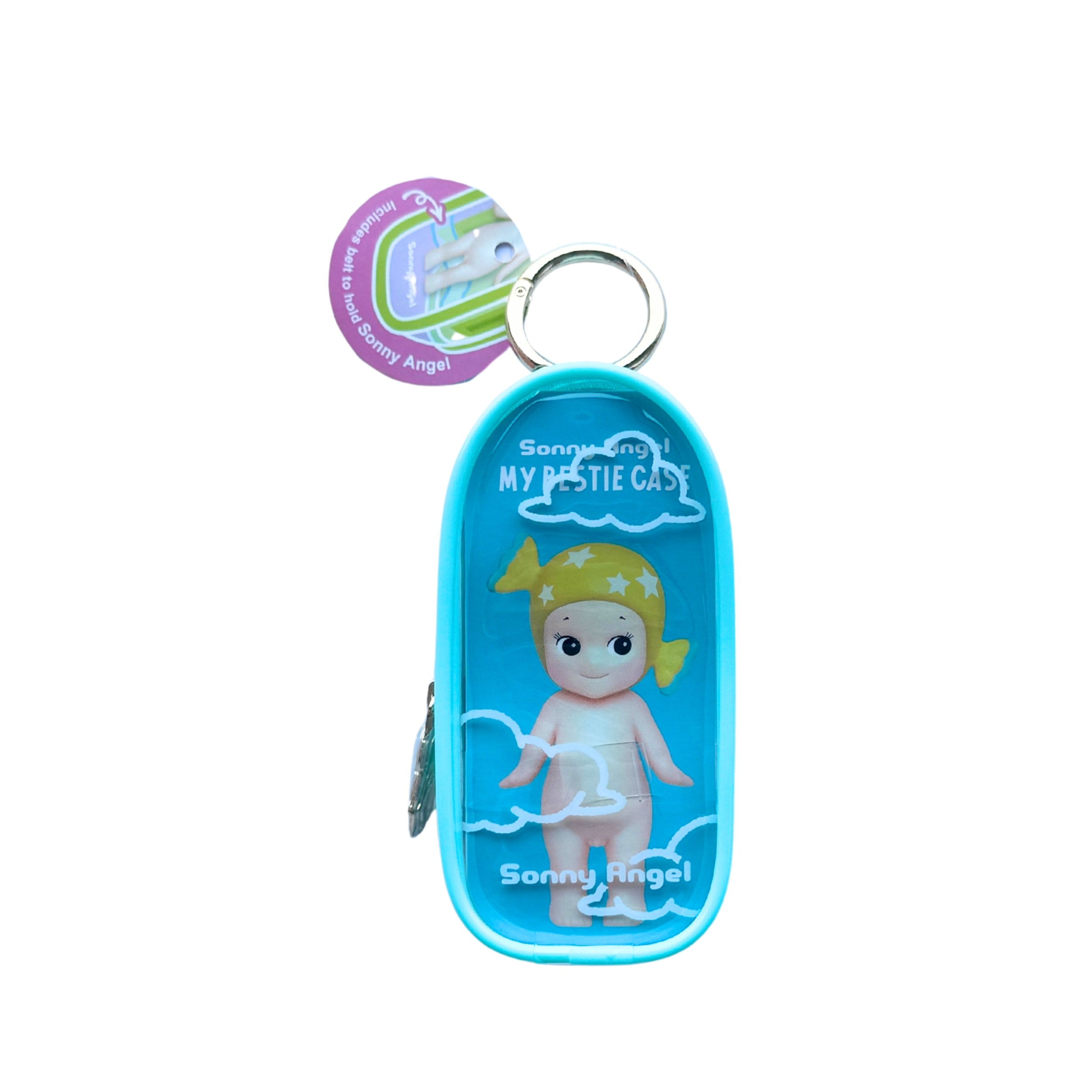 A Sonny Angel 'My Bestie Case' keychain accessory featuring a clear plastic capsule with a blue border, containing a small Sonny Angel doll, complete with a metal key ring and a circular product tag.