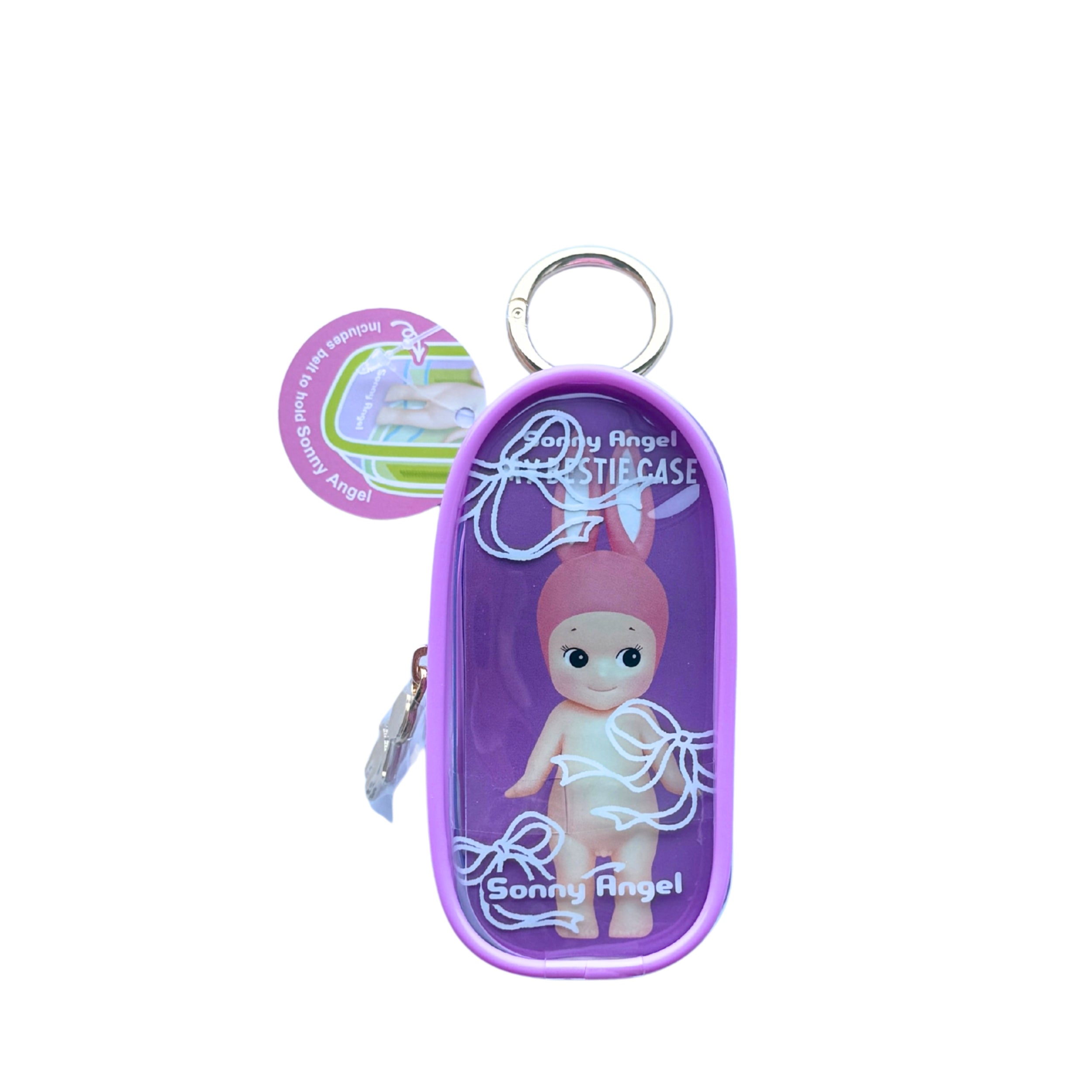A purple Sonny Angel plastic case keychain with a silver metal key ring and a small attached tag, shown on a plain white background.