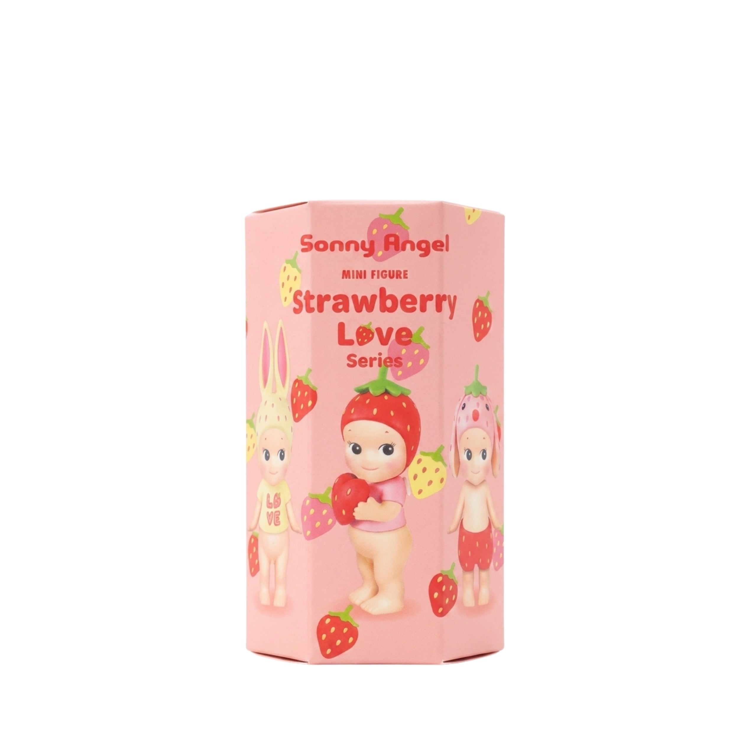 A pink cardboard display box for Sonny Angel Strawberry Love Series mini figures, featuring cartoon illustrations of characters wearing strawberry-themed outfits on a white background.
