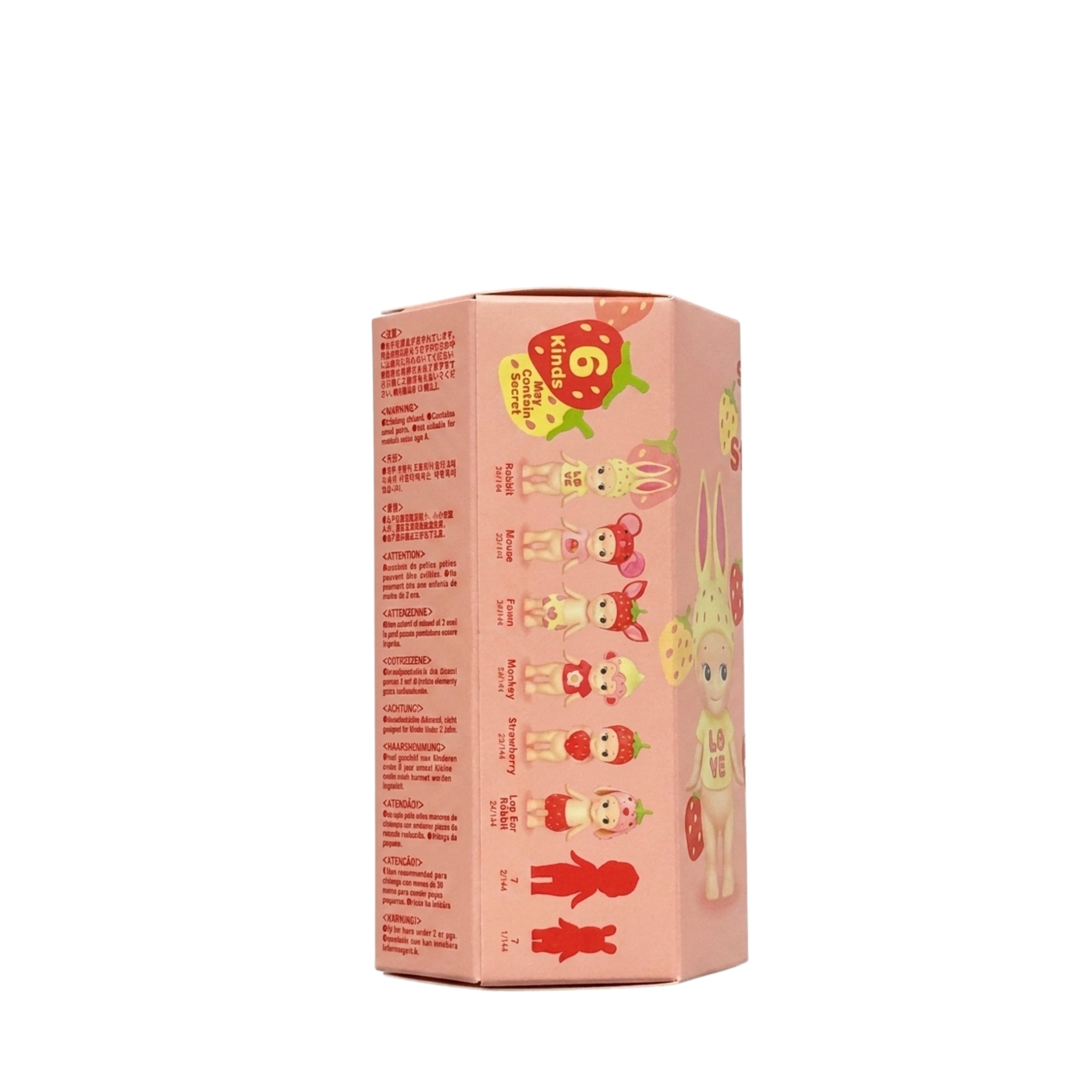 A pink cardboard box for a blind box toy, featuring illustrations of strawberry-themed characters and a red strawberry graphic with the number 5 on the side panel, set against a plain white background.