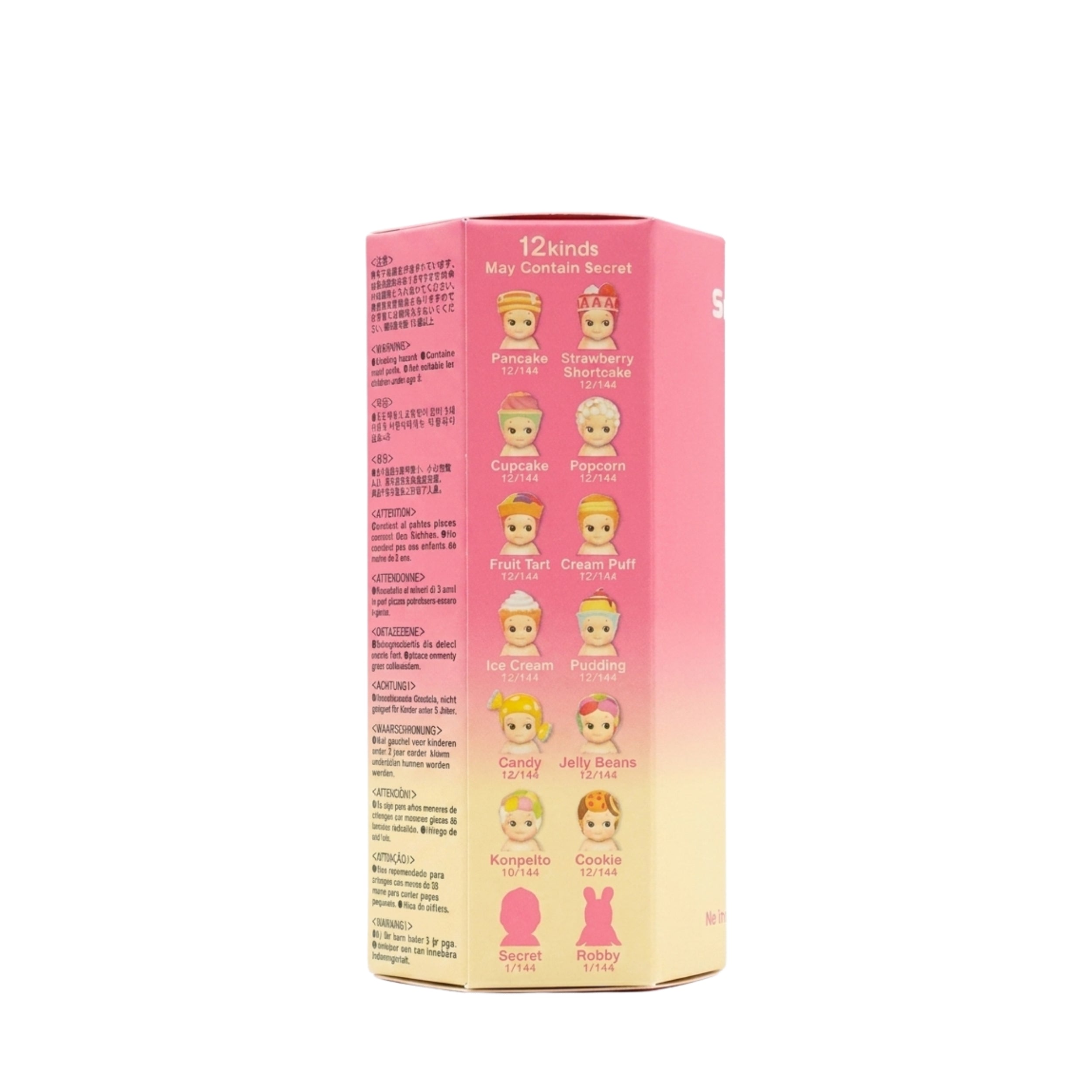 A pink and yellow gradient Sonny Angel box for a '12 Kinds May Contain Secret' toy set, showing various character illustrations on the side panel against a white background.