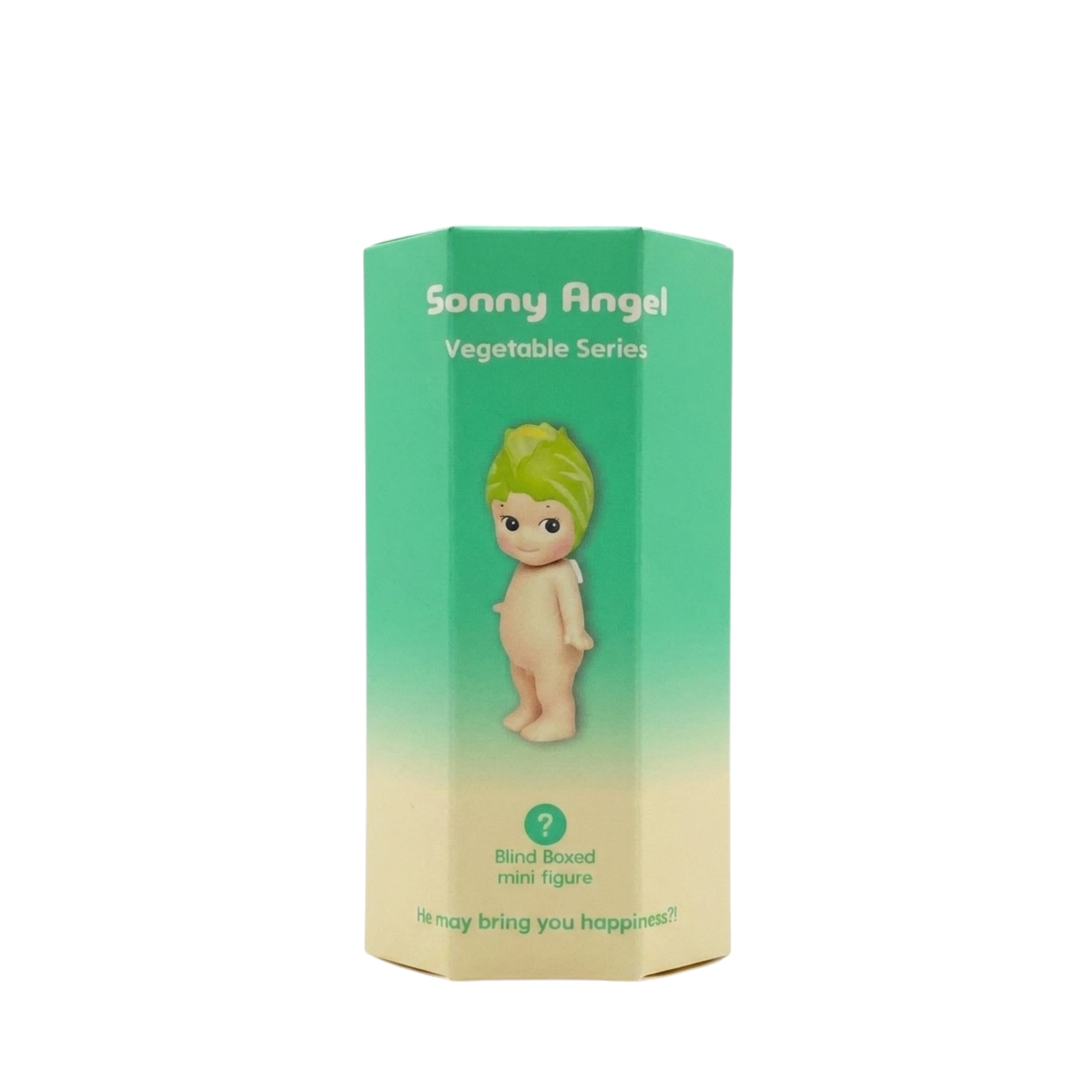 A product box for a 'Sonny Angel Vegetable Series Blind Boxed mini figure' featuring a green-to-beige gradient design with an illustration of a vegetable-themed baby figure.