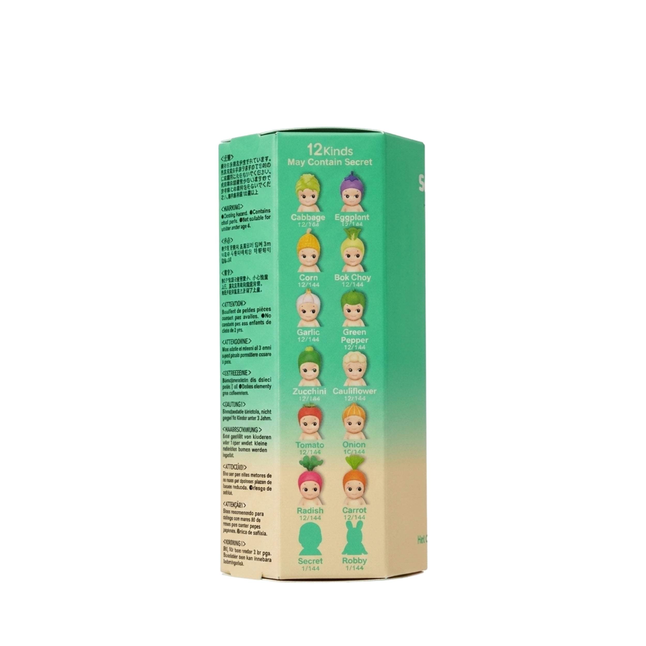 A mint green and beige Sonny Angel cardboard box for a 12-pack of mayonnaise secret toy figures, shown from the side on a white background.